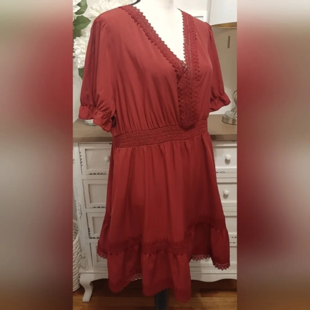 NWT Allegra K V-Neck Smocked Elastic Waist Boho Crochet Lace Trim Mini Dress - Picture 7 of 10
